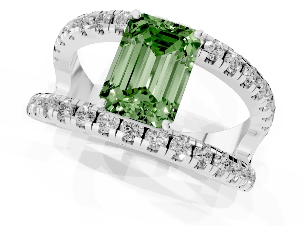 Fancy Green Emerald Cut Solitaire Split Shank Pave Diamond Ring Silver