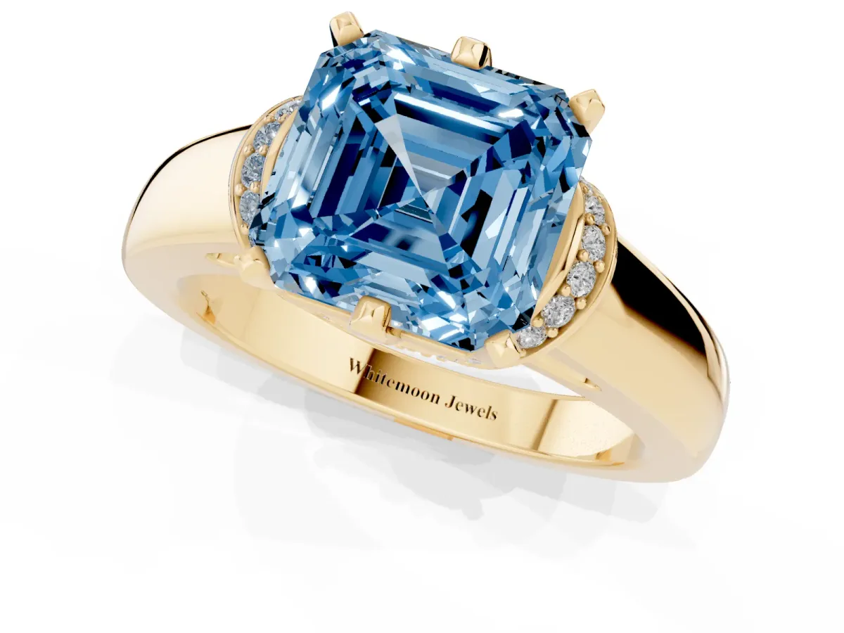 Fancy Blue Asscher Cut Solitaire Diamond Ring with Pave Band and Six-Prong Setting Yellow gold