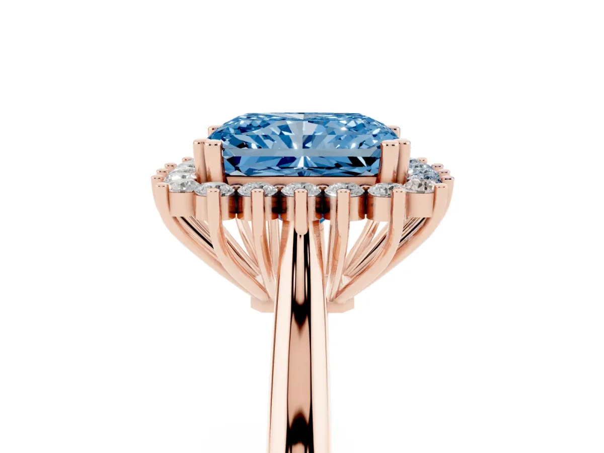 Fancy Blue Radiant Cut Cut Diamond Halo Ring with Solitaire Band and Prong Setting Rose gold