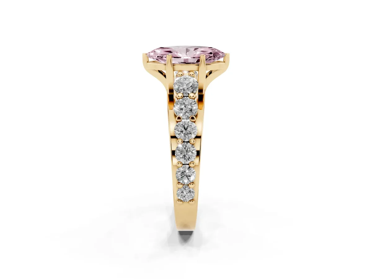 Fancy Pink Marquise Cut Diamond Engagement Ring with Pavé Band and Four-Prong Setting Yellow gold