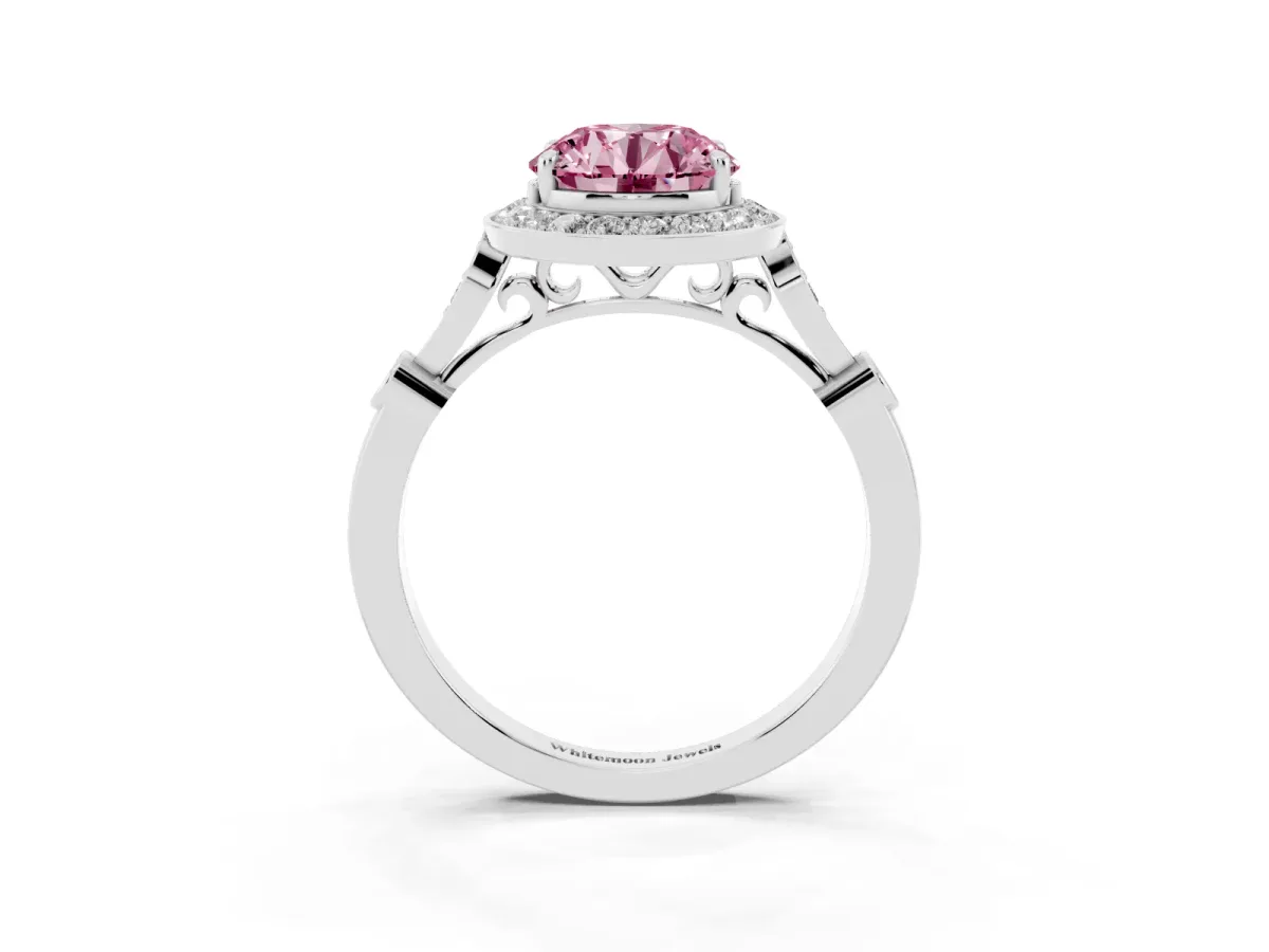 Fancy Pink Round Cut Halo Diamond Engagement Ring with Twisted Band and Four-Prong Setting Platinum