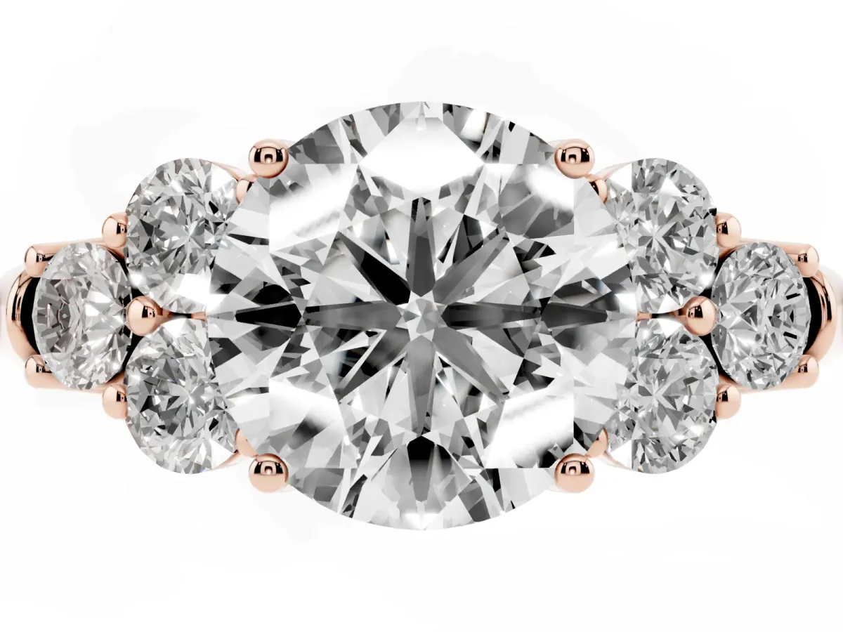 Round Cut Cut Diamond Cluster Ring with Round Accent Stones and Prong Setting on a Classic Band Rose gold