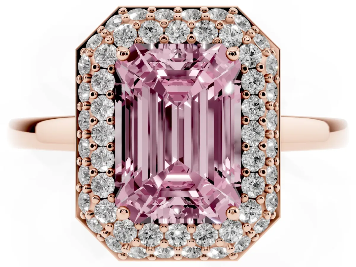 Fancy Pink Emerald Cut Halo Diamond Engagement Ring with Solitaire Band and Four-Prong Setting Rose gold