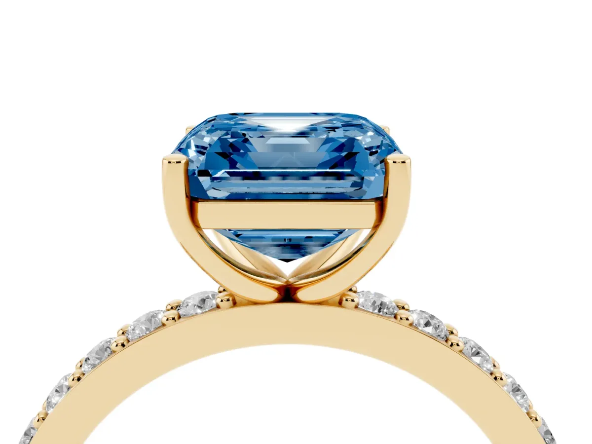 Fancy Blue Asscher Cut Cut Diamond Solitaire with Pave Band and Four-Prong Setting Yellow gold