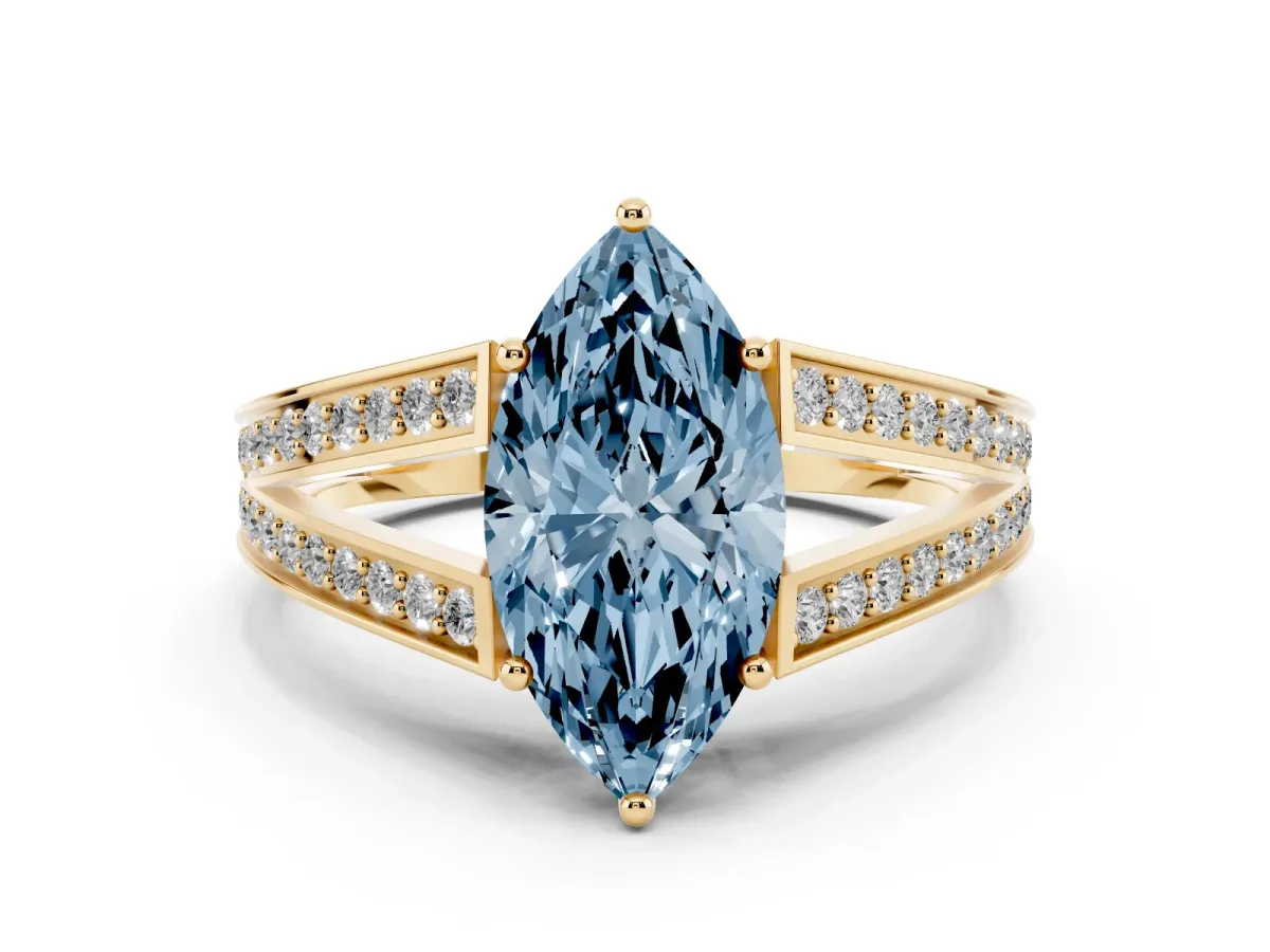 Fancy Blue Marquise Cut Diamond Split Shank Ring with Pavé Band and Four-Prong Setting Yellow gold