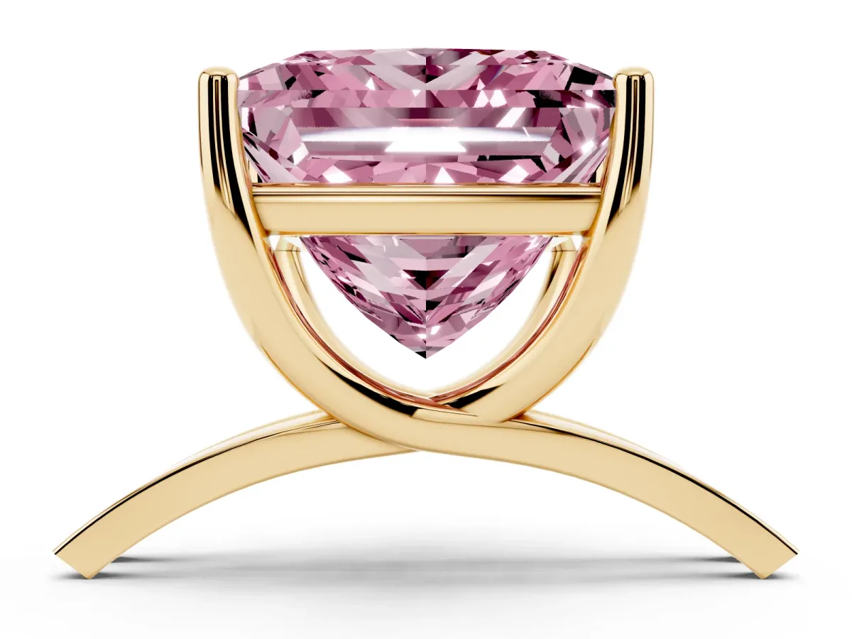 Fancy Pink Princess Cut Cut Diamond Solitaire Engagement Ring with Tapered Plain Band and Four-Prong Setting Yellow gold