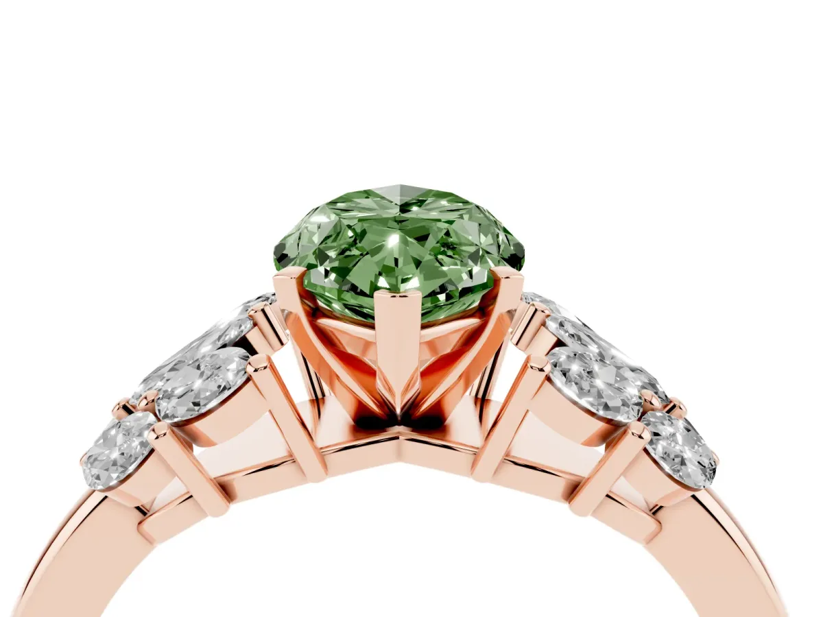Fancy Green Marquise Cut Diamond Cluster Leaf Design Ring with Prong Setting Rose gold