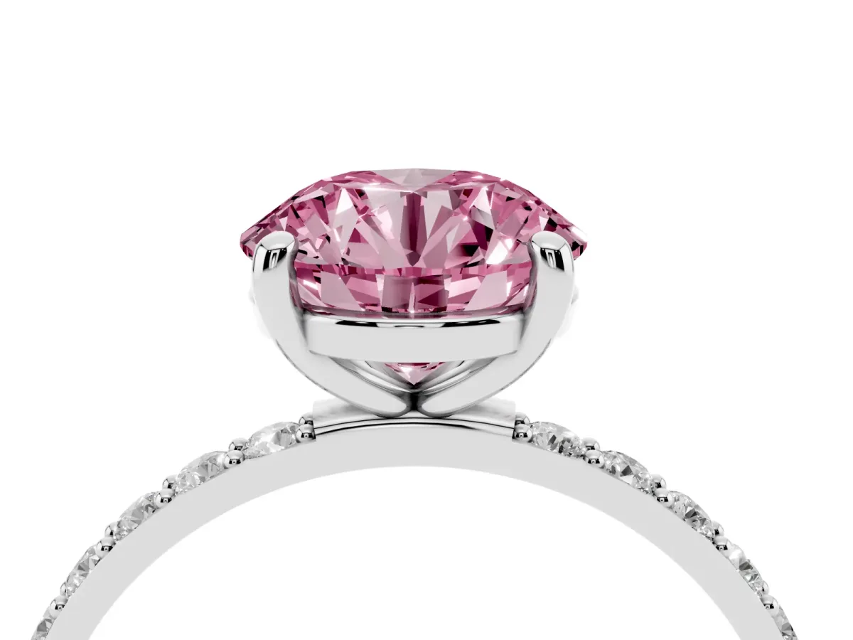 Fancy Pink Round Cut Diamond Solitaire Ring with Round Pavé Band and Prong Setting Silver