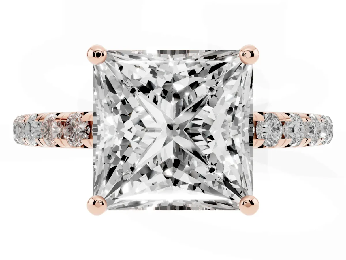 Princess Cut Cut Diamond Solitaire Ring with Micro Pave Band and Four Prong Setting Rose gold