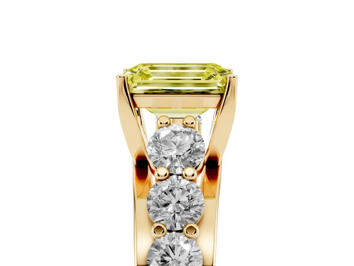 Fancy Yellow Emerald Cut Diamond Engagement Ring with Pavé Band and Four-Prong Setting Yellow gold