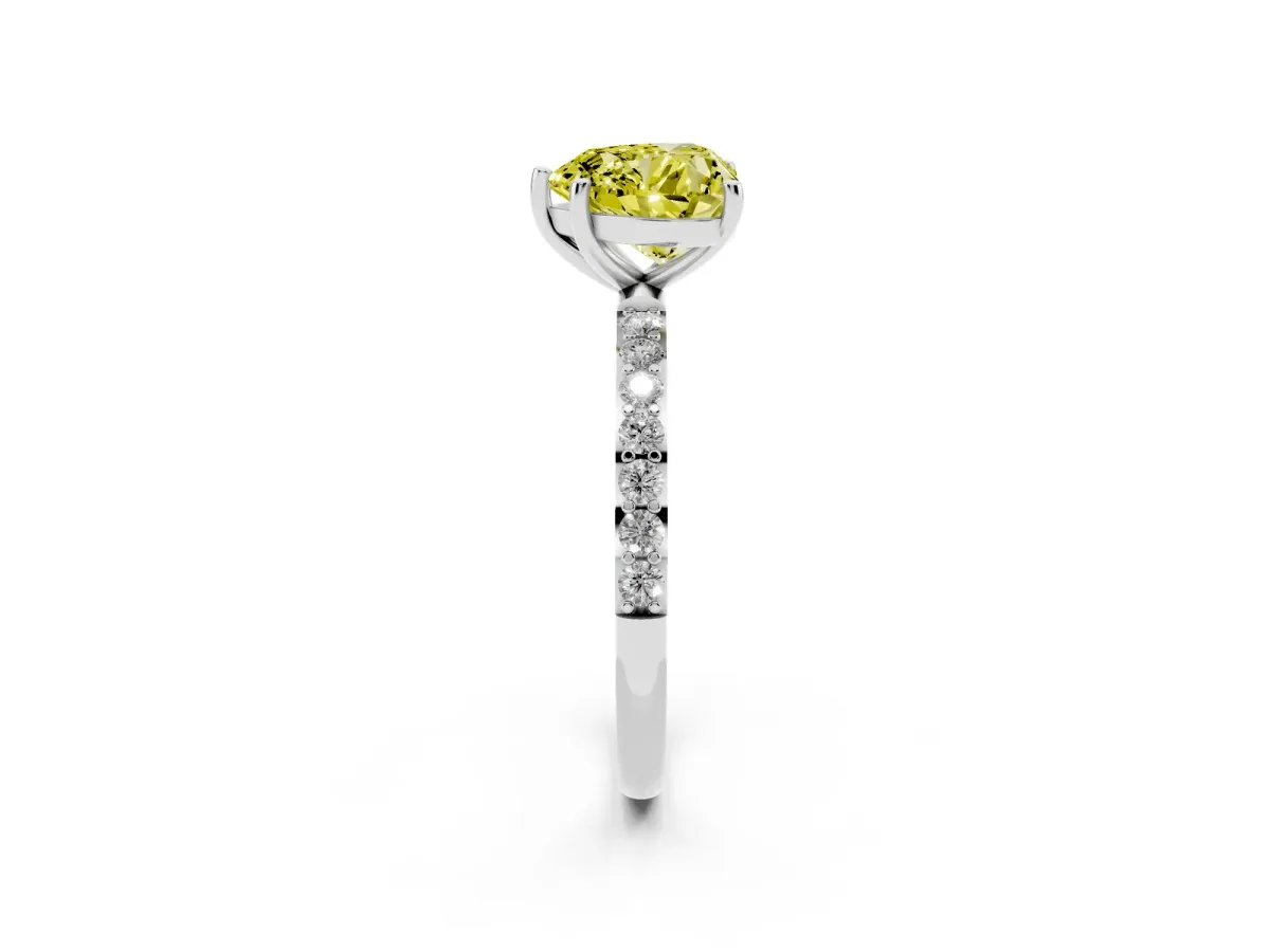 Fancy Yellow Heart Cut Diamond Solitaire Ring with Round Pavé Shoulders and Prong Setting Silver