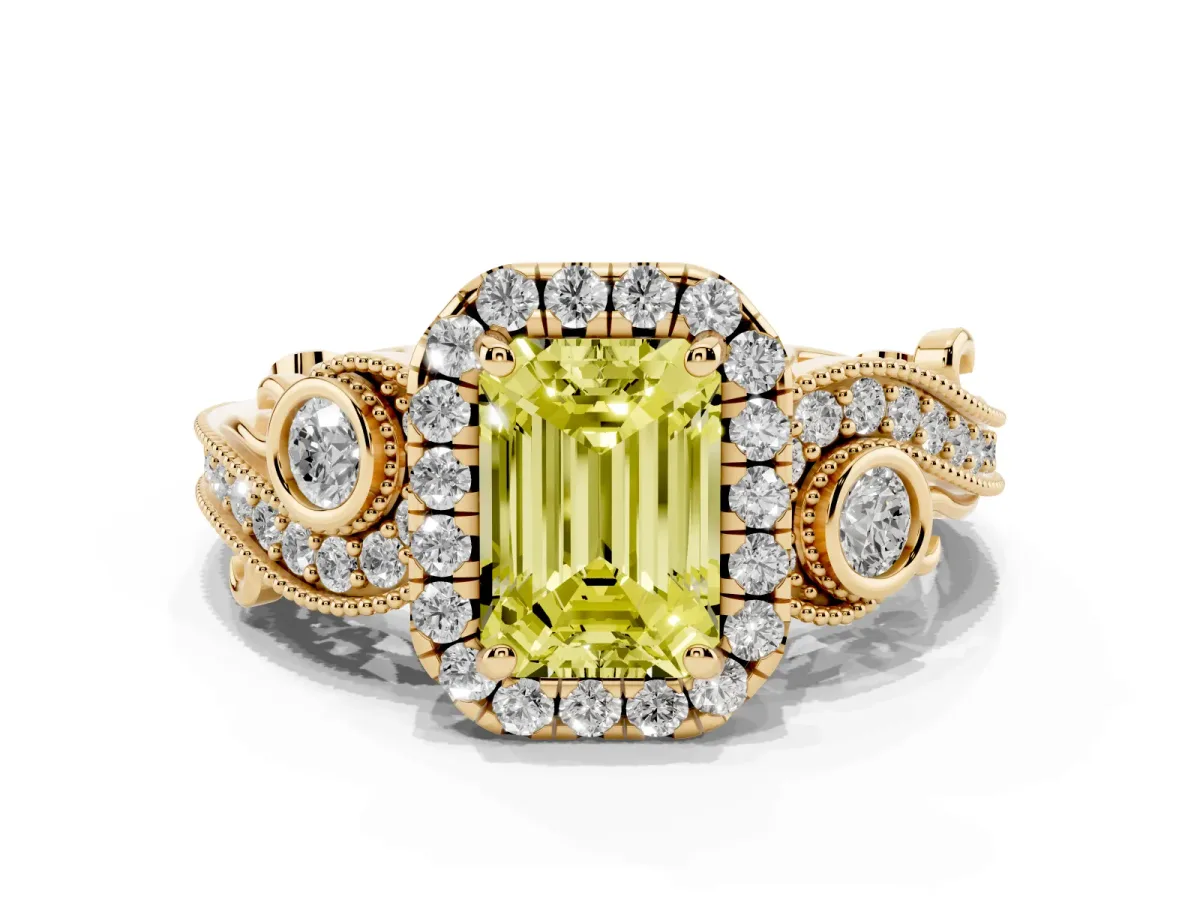 Fancy Yellow Emerald Cut Diamond Halo Ring with Milgrain Pavé Band and Four-Prong Setting Yellow gold