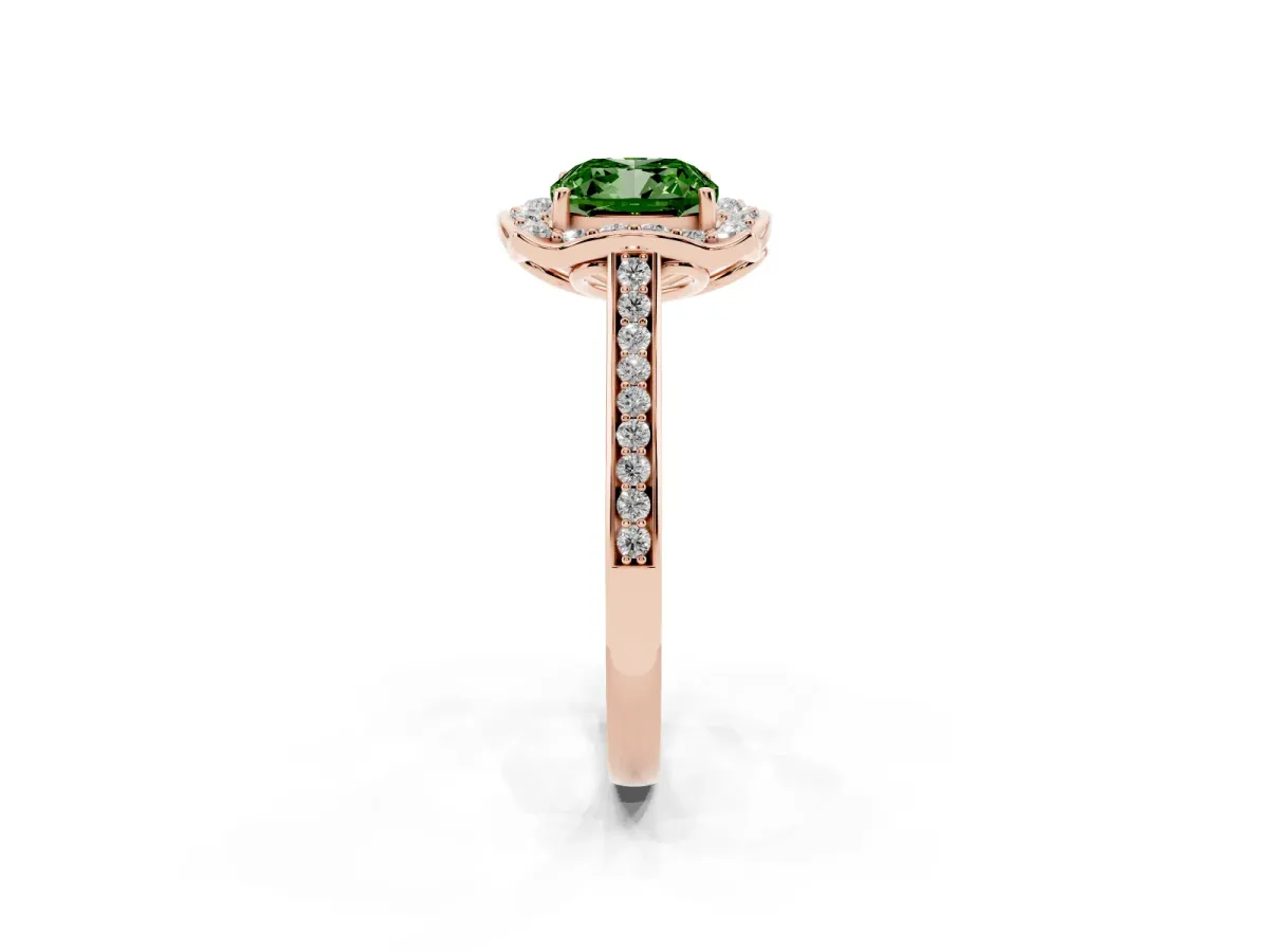 Fancy Green Cushion Cut Halo Round Diamond Pave Band with Four-Prong Setting Rose gold