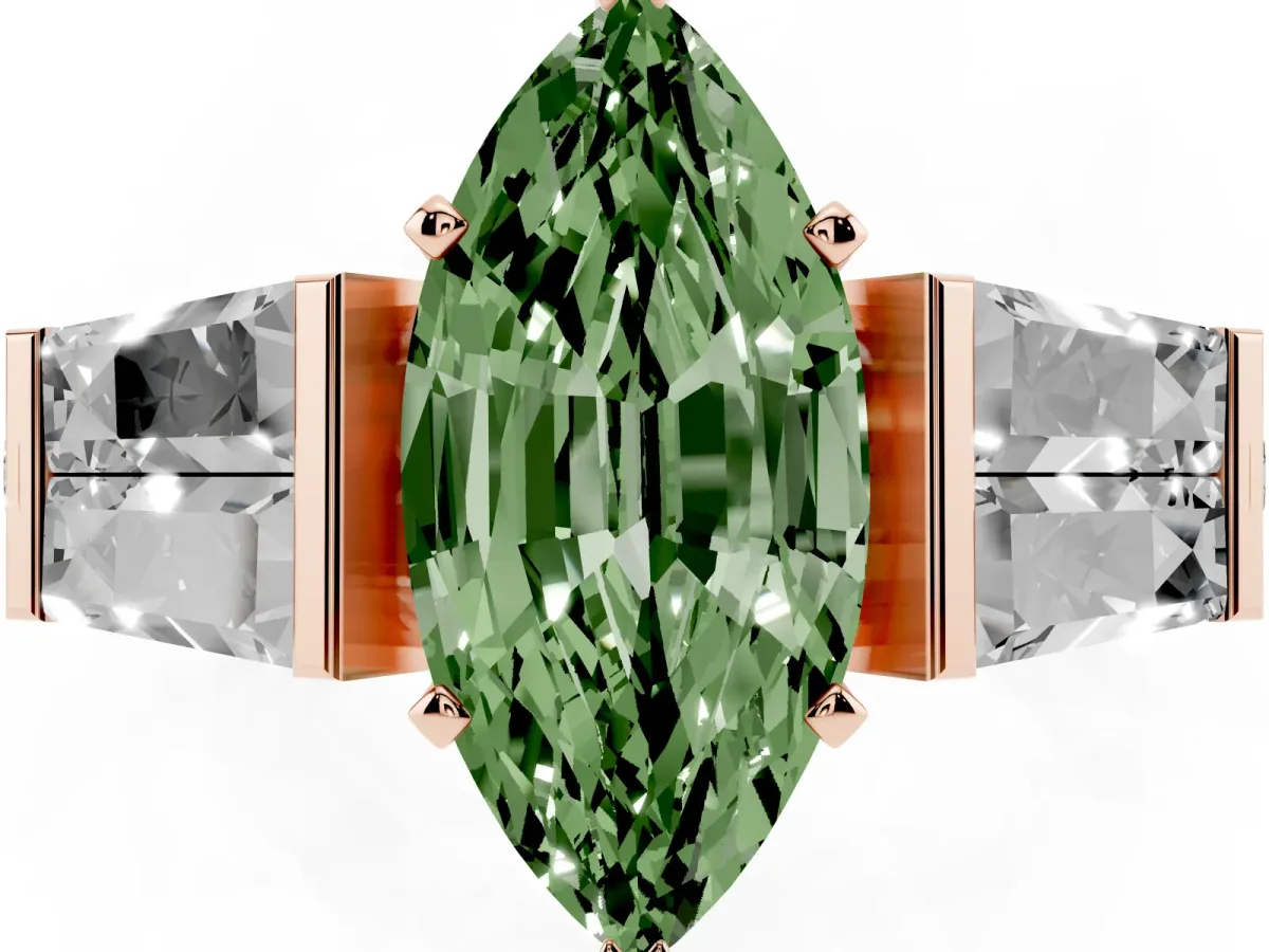 Fancy Green Marquise Cut Diamond Engagement Ring with Baguette Side Stones and Channel Set Band Rose gold