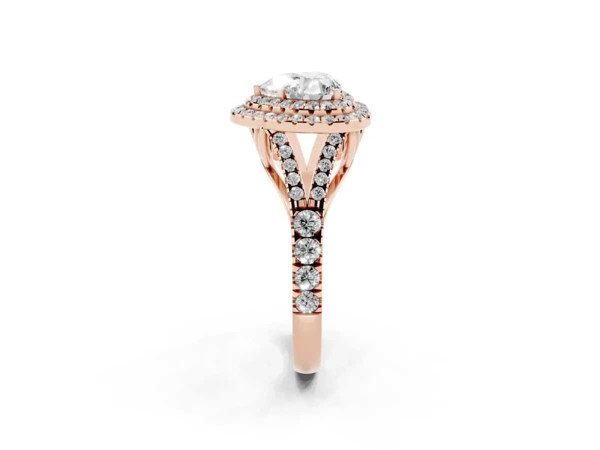 Double Halo Heart Cut Diamond Split Shank Engagement Ring with Four-Prong Setting Rose gold