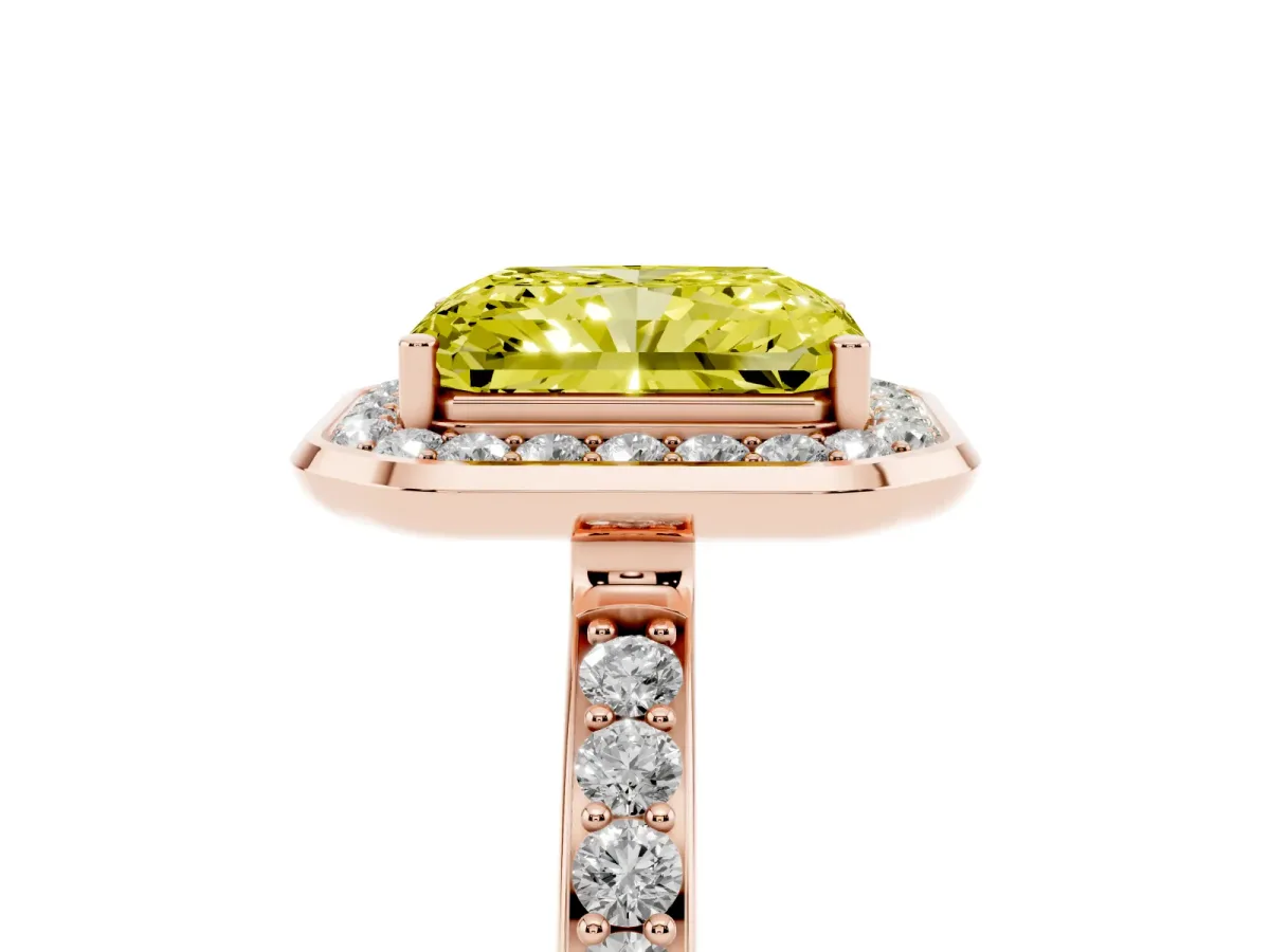 Fancy Yellow Radiant Cut Diamond Halo Ring with Bezel Frame and Pavé Band Rose gold