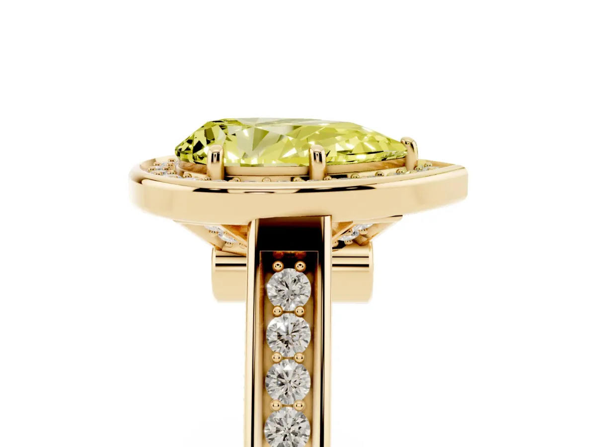 Fancy Yellow Pear Cut Halo Solitaire Diamond Ring with Pave Band and Bezel Setting Yellow gold