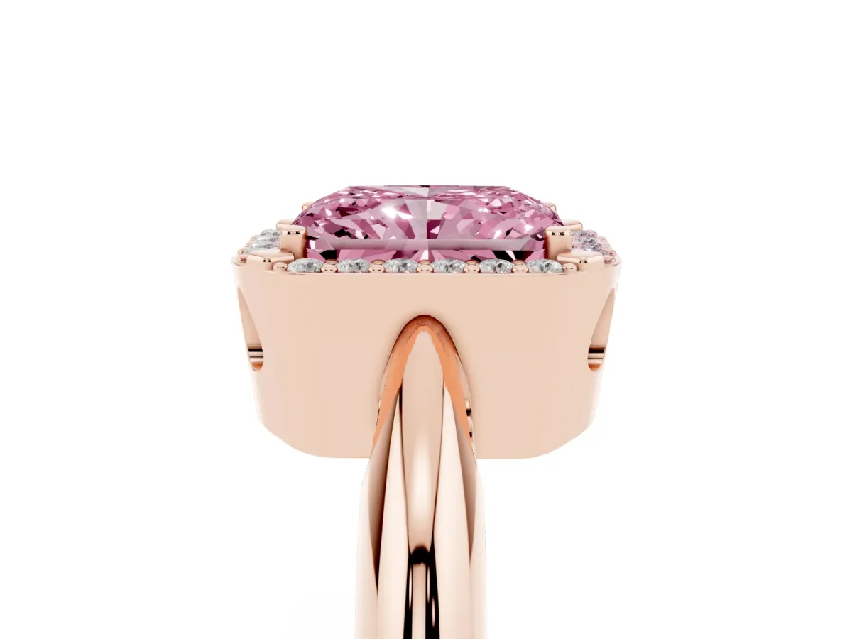 Fancy Pink Radiant Cut Cut Diamond Halo Engagement Ring with Split Shank and Four-Prong Setting Rose gold