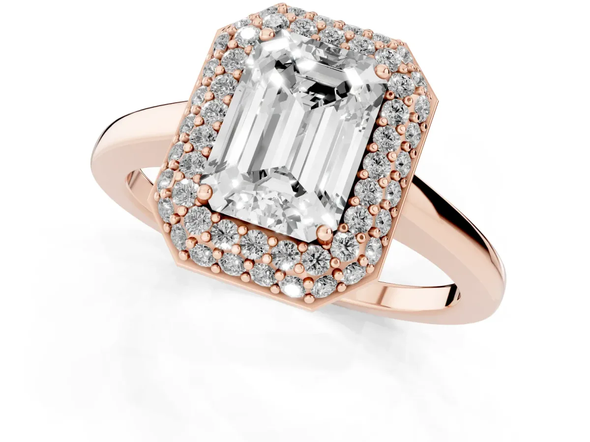 Emerald Cut Halo Diamond Engagement Ring with Solitaire Band and Four-Prong Setting Rose gold