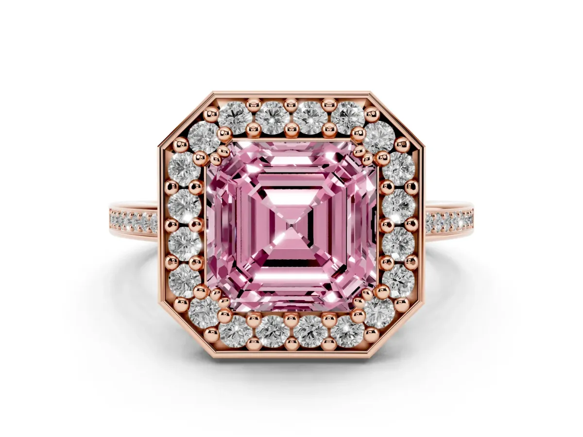 Fancy Pink Asscher Cut Diamond Halo Ring with Split Shank and Four-Prong Setting Rose gold