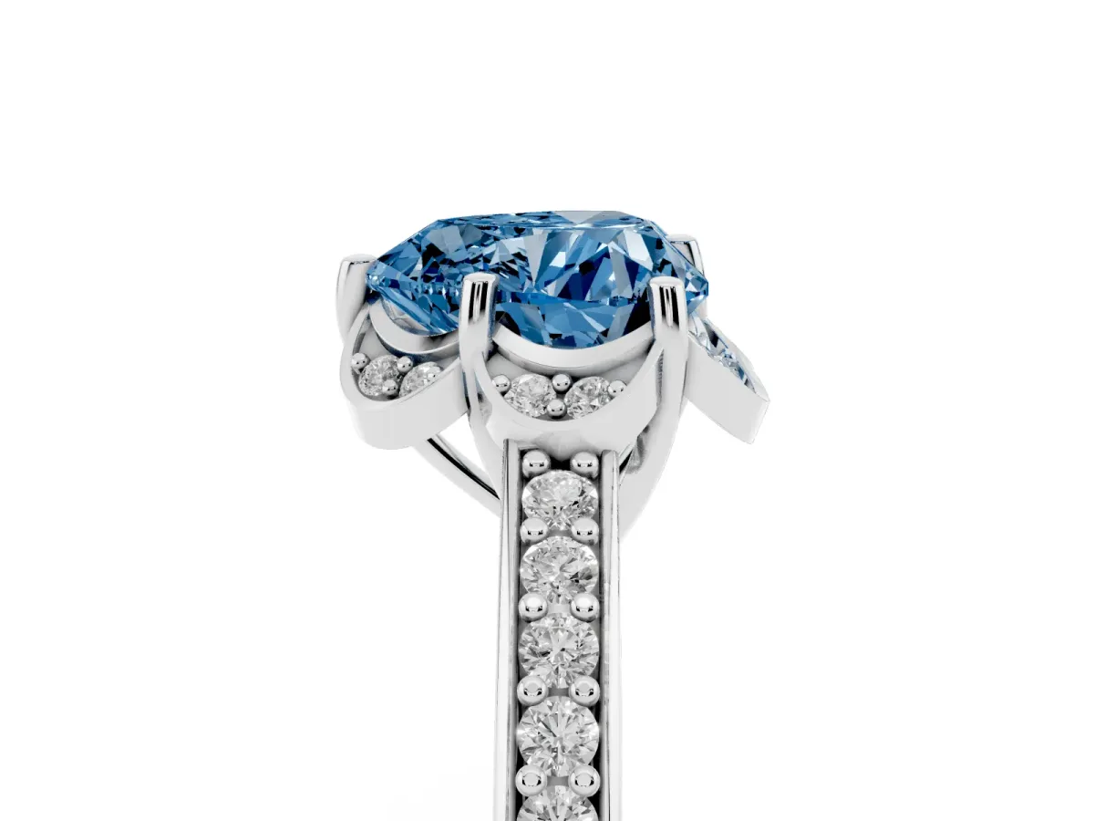 Fancy Blue Heart Cut Cut Halo Diamond Ring with Channel Set Band and Four-Prong Setting Platinum