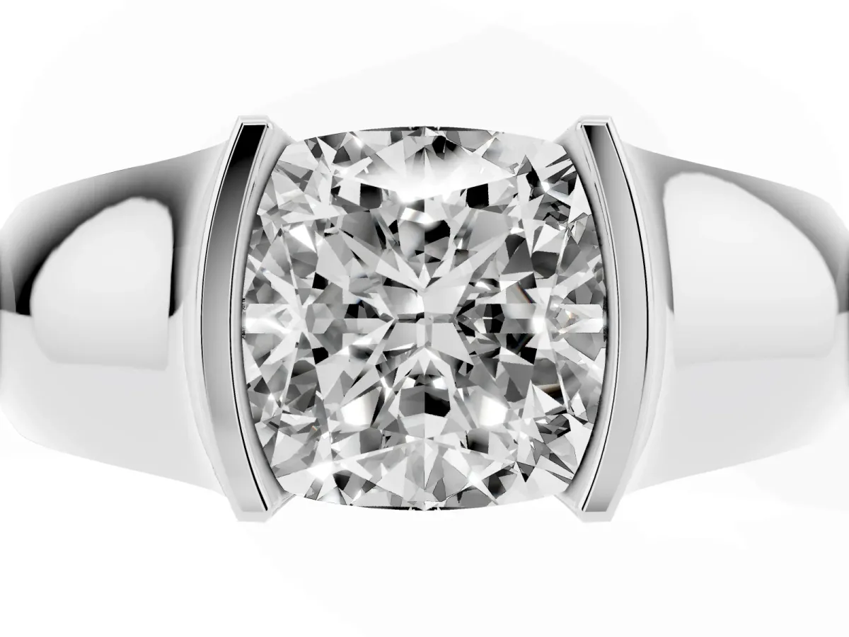 Cushion Cut Solitaire Bezel Set Diamond Ring with Wide Band Platinum