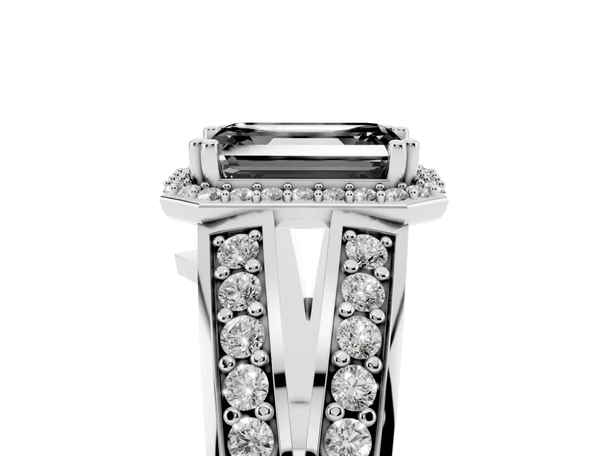 Fancy Black Emerald Cut Diamond Halo Ring with Split Shank Pavé Band and Four-Prong Setting White gold