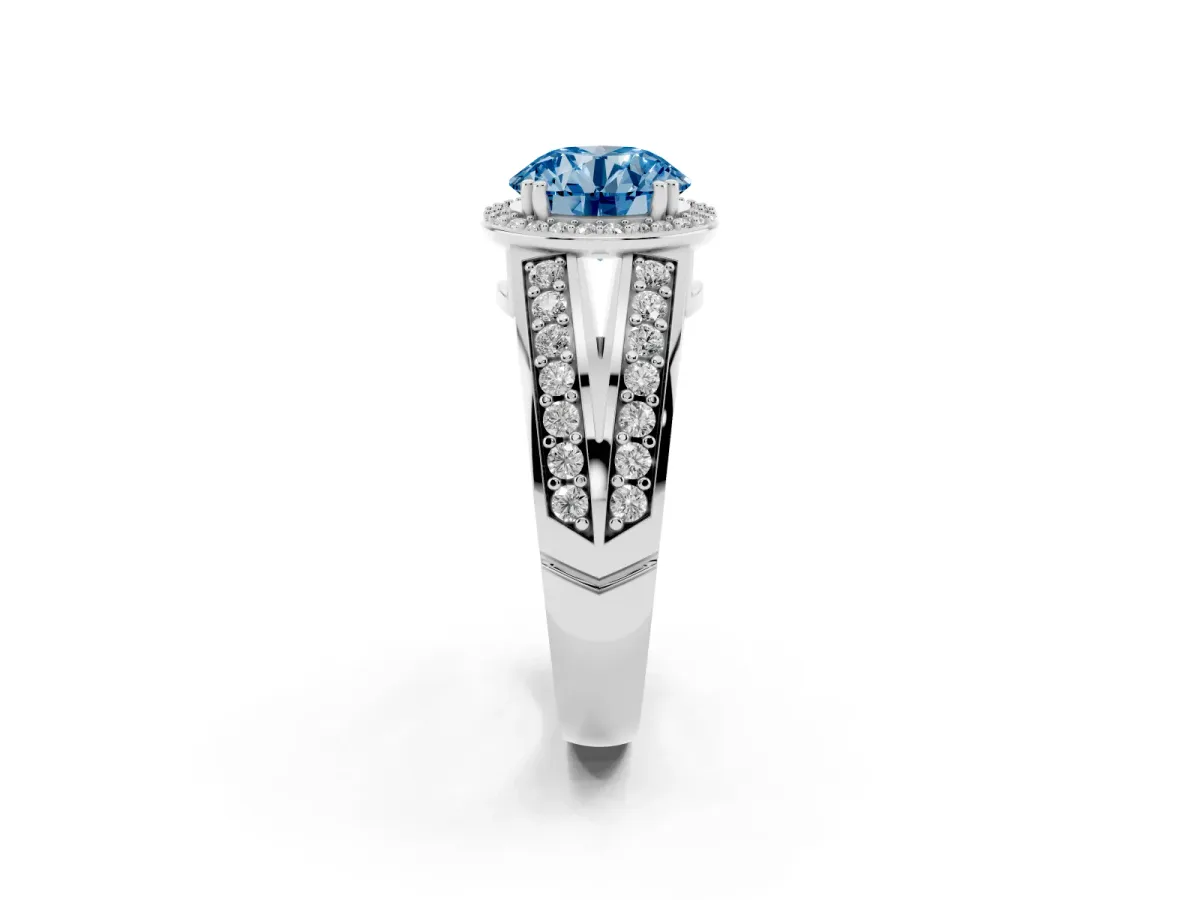 Fancy Blue Round Cut Diamond Halo Ring with Split Shank Pavé Band and Four-Prong Setting Silver