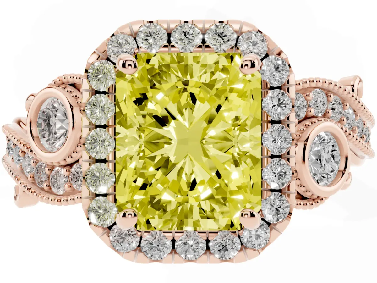 Fancy Yellow Radiant Cut Halo Diamond Ring with Milgrain and Bezel Accents on a Split Shank Band Rose gold