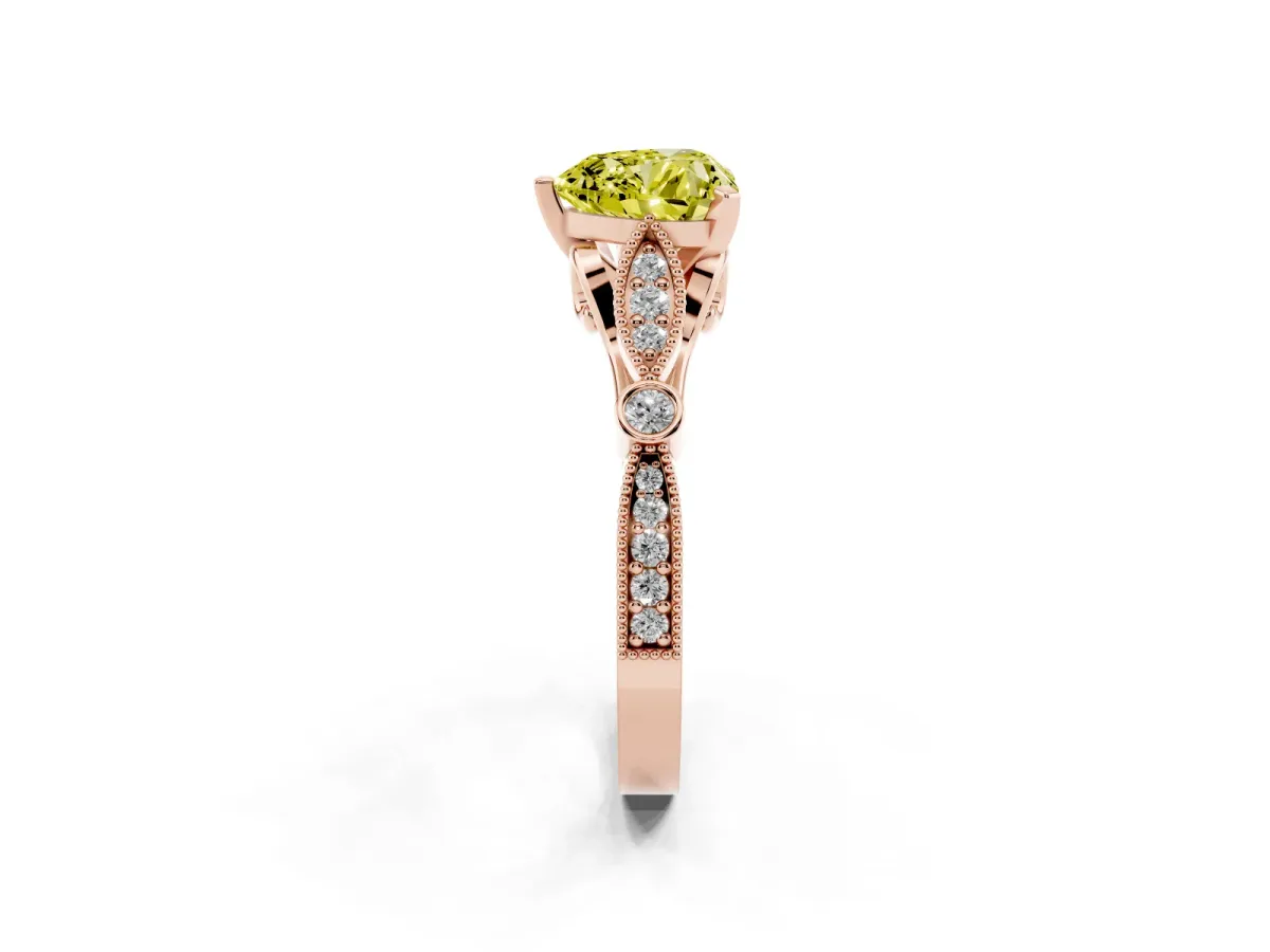 Fancy Yellow Heart Cut Cut Diamond with Milgrain Marquise and Bezel Accents on a Solitaire Band with Prong Setting Rose gold