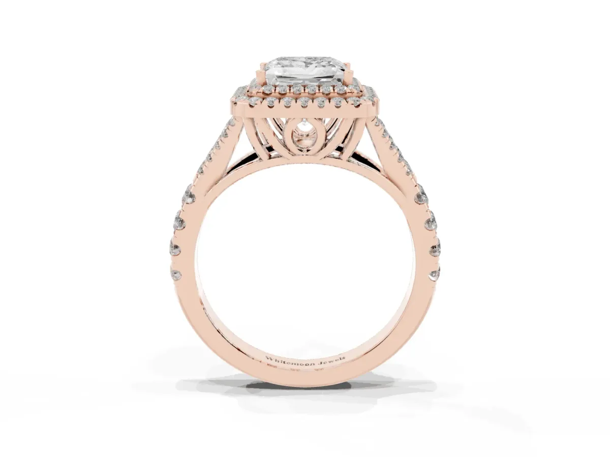 Princess Cut Cut Double Halo Split Shank Diamond Ring with Prong Setting Rose gold