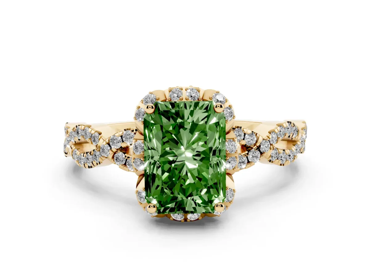 Fancy Green Radiant Cut Halo Twist Band Solitaire Ring with Six-Prong Setting Yellow gold