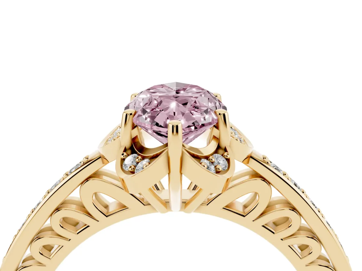 Fancy Pink Marquise Cut Cut Halo Diamond Ring with Channel Set Band and Four-Prong Setting Yellow gold