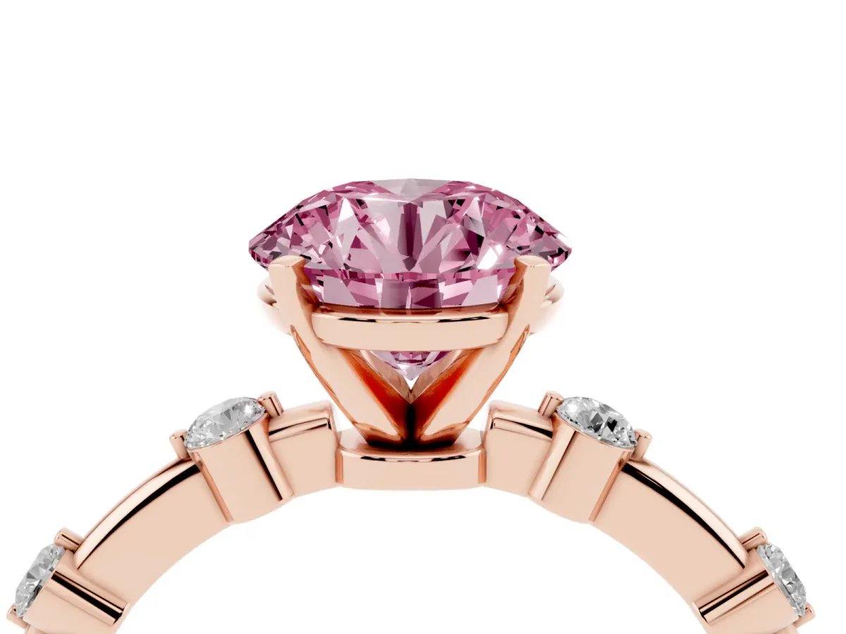 Fancy Pink Round Cut Solitaire Diamond Ring with Bezel Set Side Stones and Prong Setting Rose gold