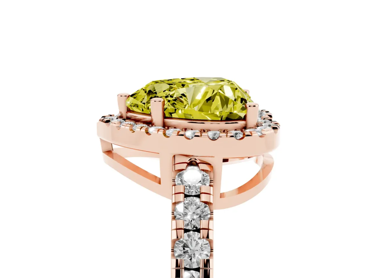 Fancy Yellow Heart Cut Diamond Halo Ring with Pavé Band and Four-Prong Setting Rose gold