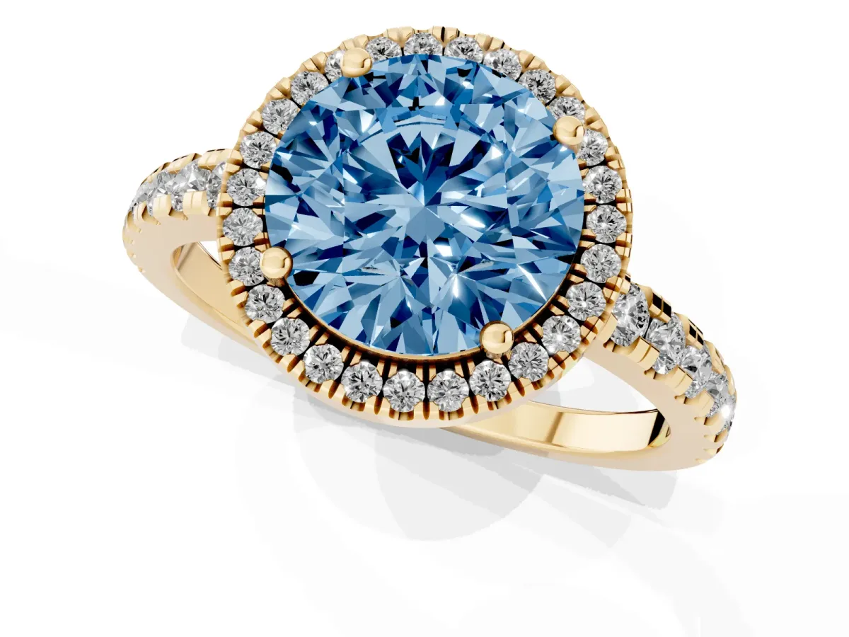 Fancy Blue Round Cut Diamond Halo Ring with Pavé Band and Four-Prong Setting Yellow gold