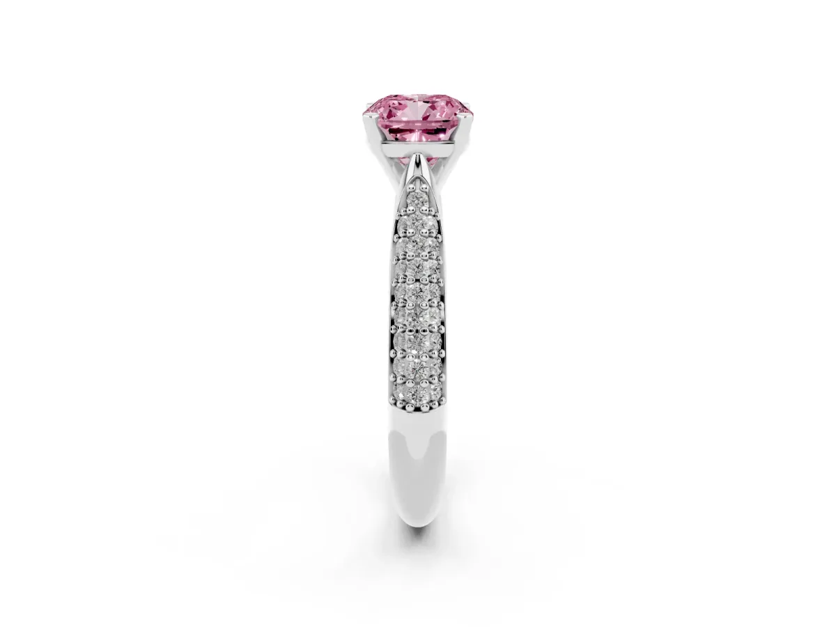 Fancy Pink Cushion Cut Diamond Solitaire Engagement Ring with Multi-Row Round Pavé Band and Prong Setting Silver
