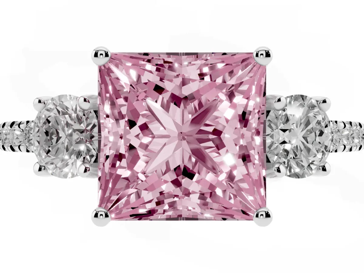 Fancy Pink Three-Stone Princess Cut Cut Diamond Pavé Band with Prong Setting Silver
