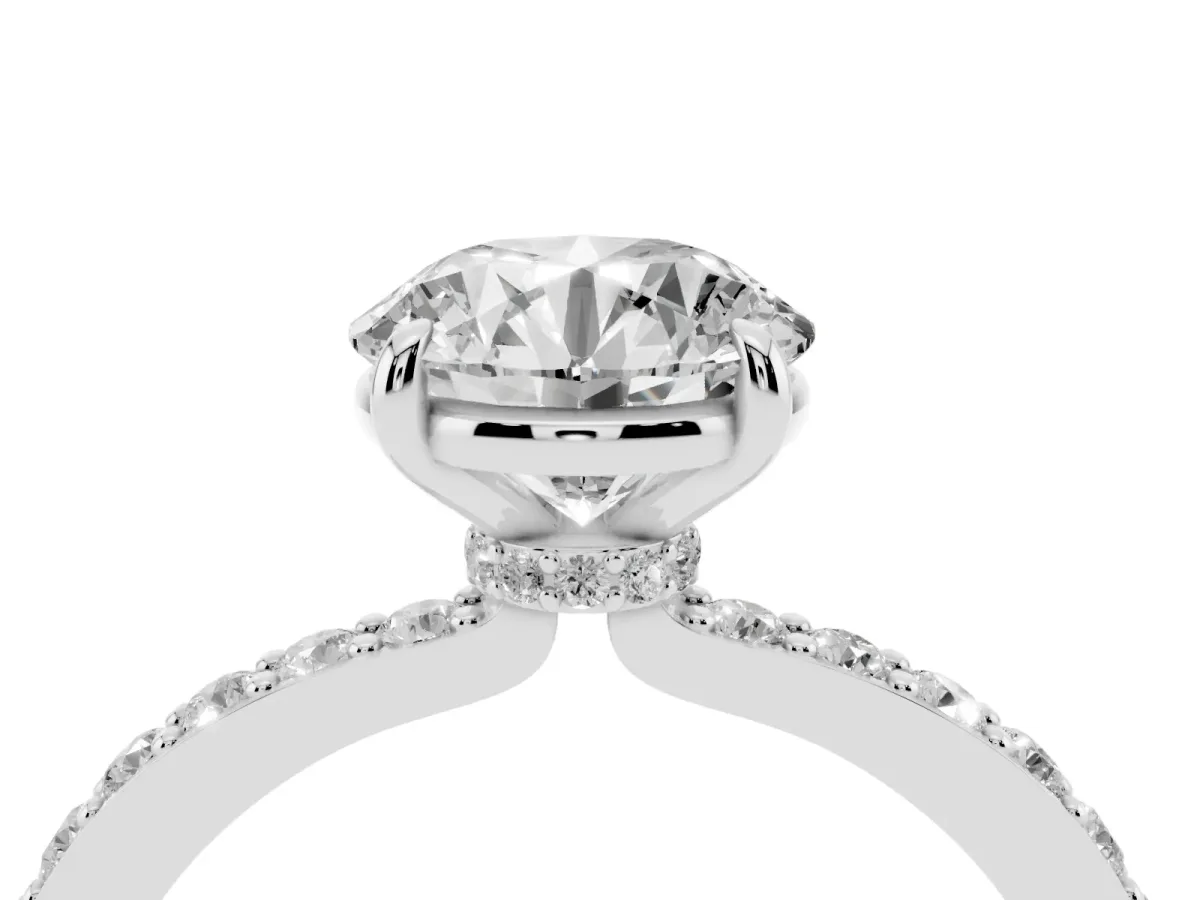 Round Cut Diamond Pavé Engagement Ring with Round Accents and Prong Setting Platinum