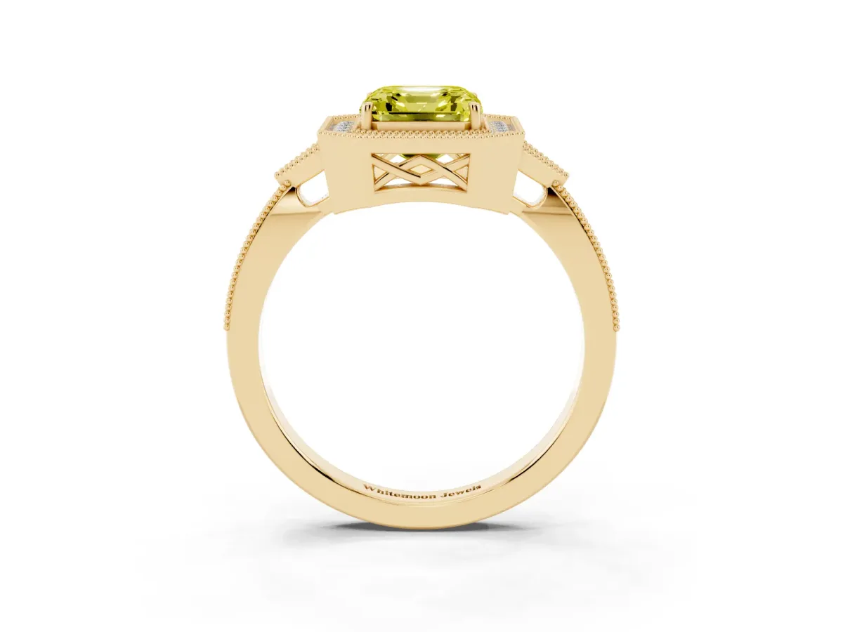 Fancy Yellow Asscher Cut Halo Round Diamond Milgrain Pave Engagement Ring Yellow gold