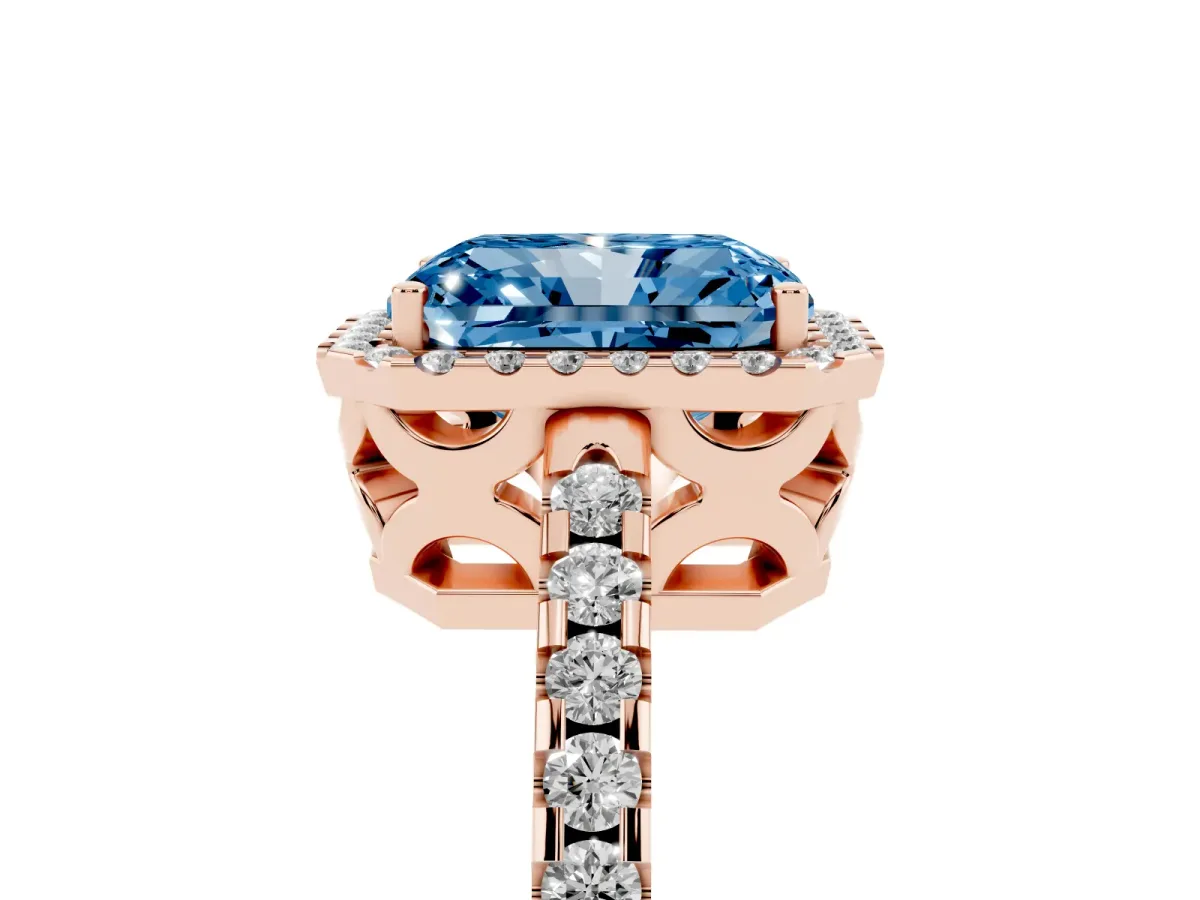 Fancy Blue Radiant Cut Diamond Halo Engagement Ring with Pavé Band and Prong Setting Rose gold