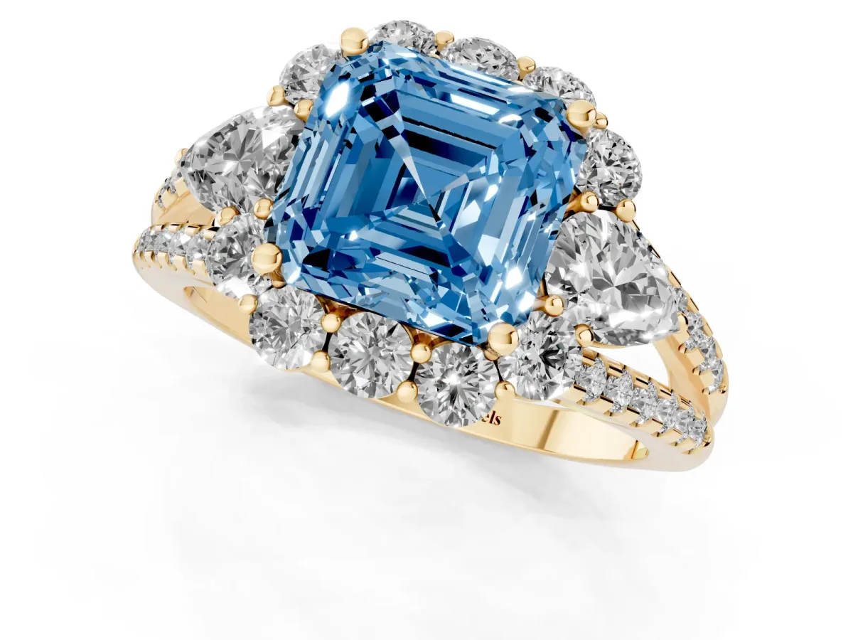 Fancy Blue Asscher Cut Halo Split Shank Diamond Engagement Ring with Prong Setting Yellow gold