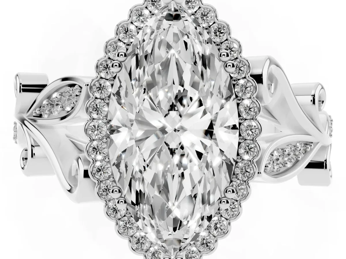 Marquise Cut Diamond Halo Ring with Vintage Split Shank and Four-Prong Setting Silver