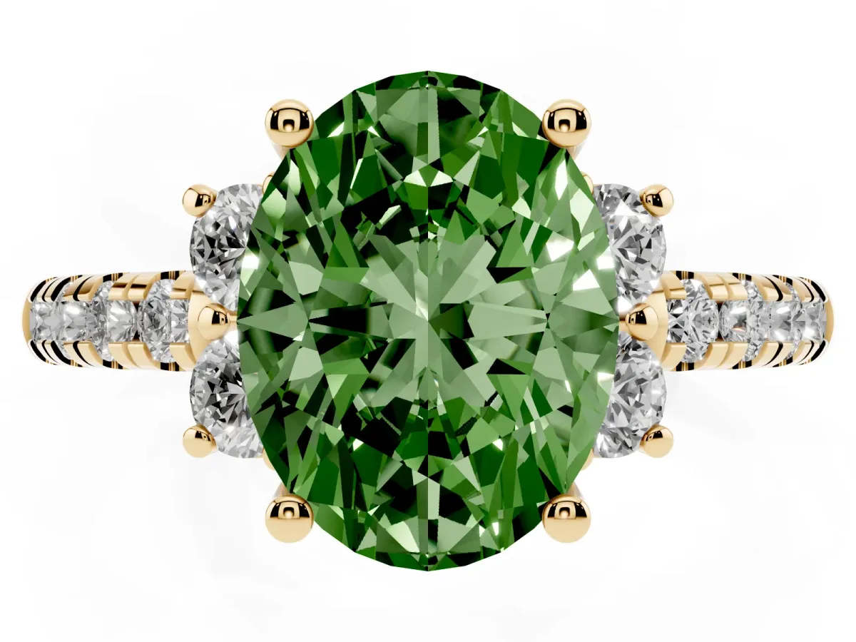 Fancy Green Oval Cut Diamond Three-Stone Pave Band with Four-Prong Setting Yellow gold