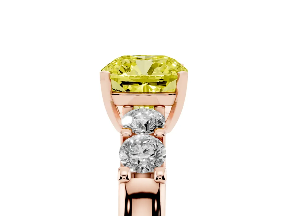 Fancy Yellow Cushion Cut Brilliant Cut Diamond Five-Stone Prong Set Engagement Ring with Channel Band Rose gold