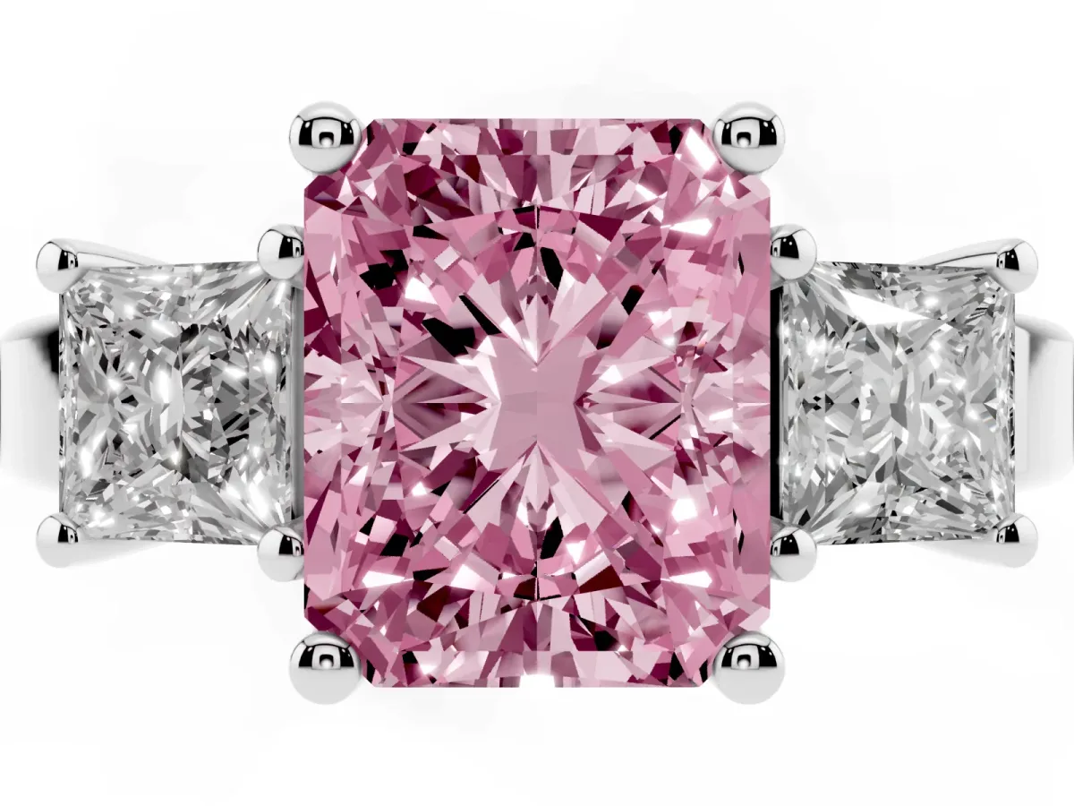 Fancy Pink Three-Stone Radiant Cut Cut Solitaire Ring with Prong Setting Platinum