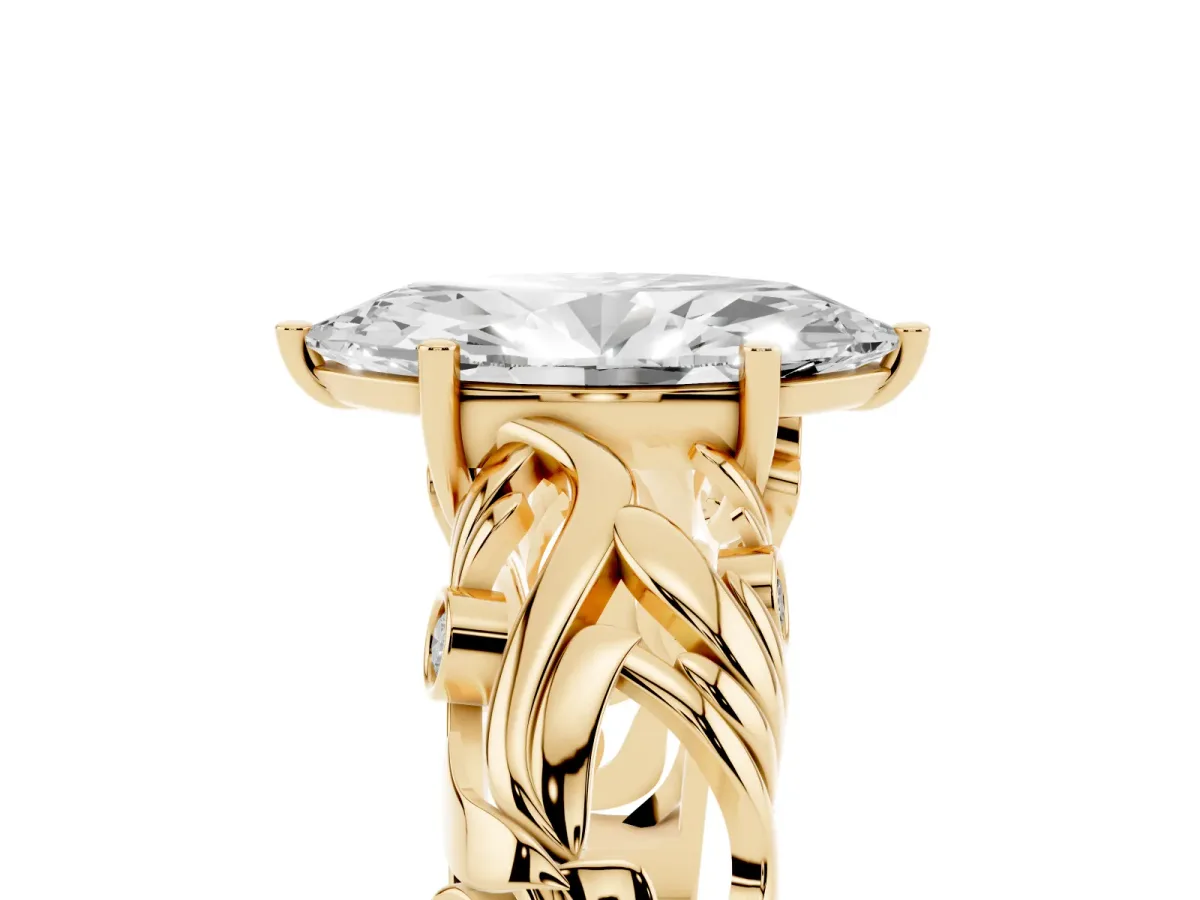 Marquise Cut Solitaire Diamond Leaf-Inspired Vine Band Ring with Prong Setting Yellow gold
