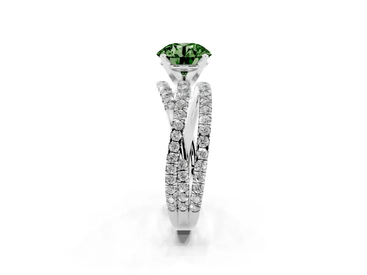 Fancy Green Round Cut Solitaire Twist Band with Pavé Setting and Four-Prong Setting Silver