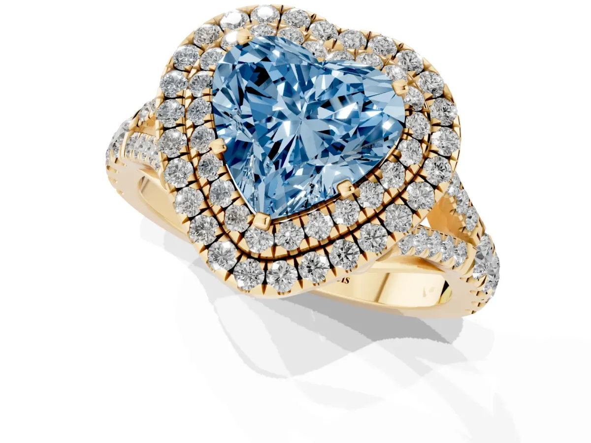 Fancy Blue Double Halo Heart Cut Diamond Split Shank Engagement Ring with Four-Prong Setting Yellow gold