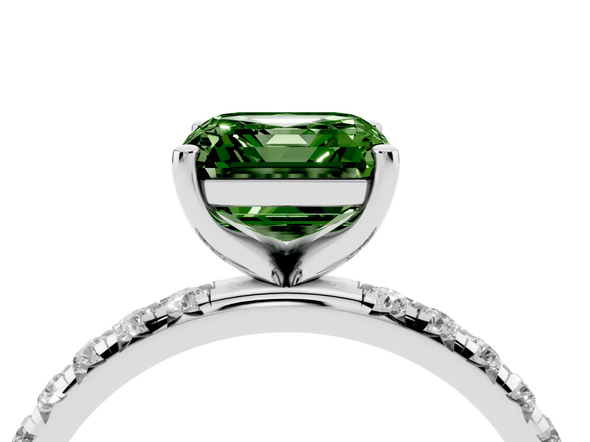 Fancy Green Asscher Cut Cut Diamond Solitaire Ring with Micro Pave Band and Four Prong Setting Platinum